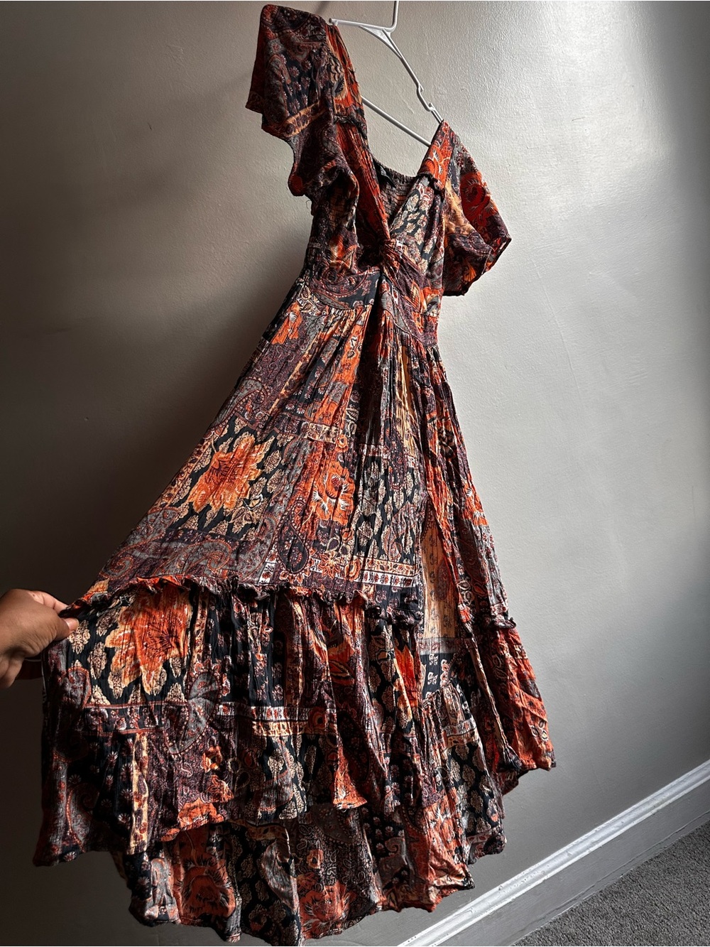 Angie Bohemian Paisley tiered Rust and Navy Floral Tie-Front Midi/Maxi - Picture 7 of 13